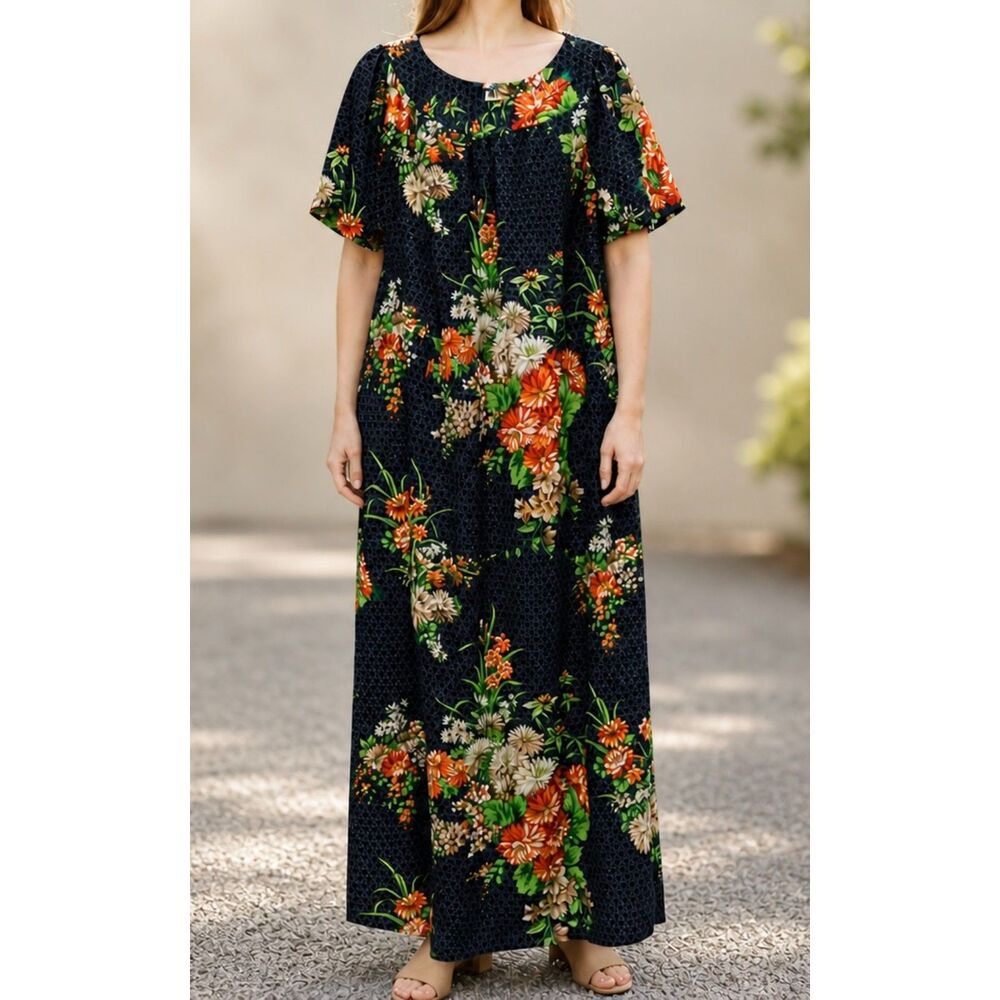 Vintage 70s Hawaiian Muumuu Maxi Dress Floral Black Orange Sz 14